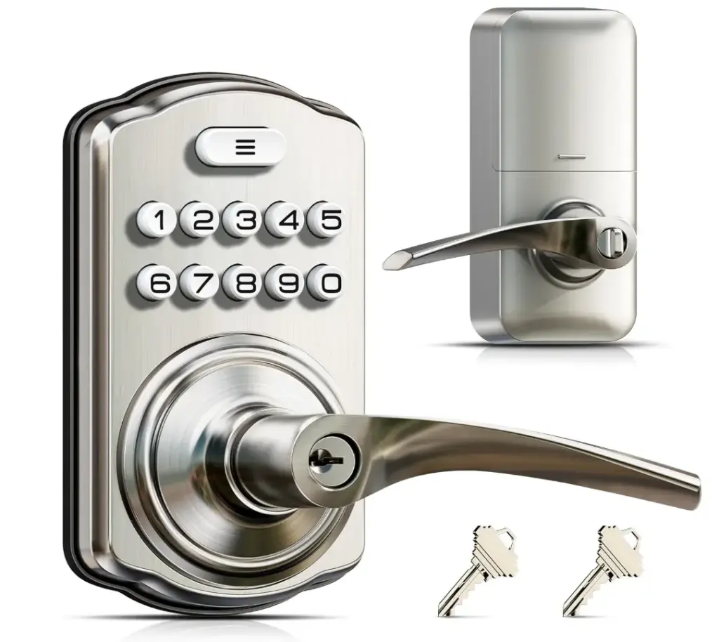 Keypad Door Lock with Handle, Keyless Entry for Front Door & Bedroom, Electronic Lock with Code, Auto-Locking, Easy Installation, Passage Mode, Satin Nickel
