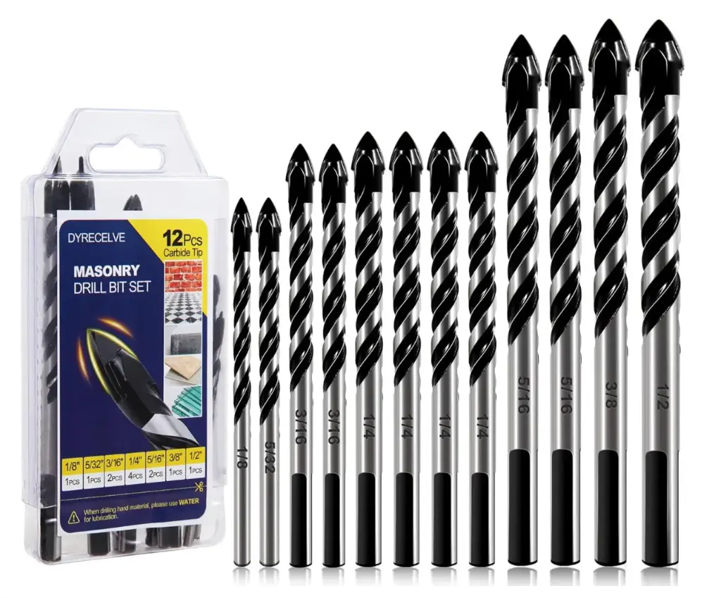 12-PCS Masonry Drill Bit Set & Concrete Drill Bit Set, 1/8 to 1/2 inch Professional Carbide Drill Bits Tip for Glass, Tile, Brick, Cement Concrete Plastic Wood etc. Masonry Drill Bits Set