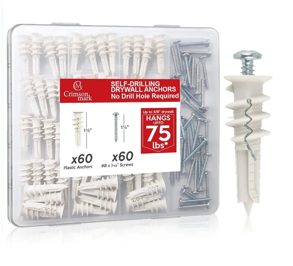 120Pcs #8 Self Drilling Drywall Anchors and Screws kit #8 x 1-1/4”- Superb Wall Anchors for Drywall, Holds Upto 75lbs – No Drill Hole Required with These Dry Wall Screws and Anchors