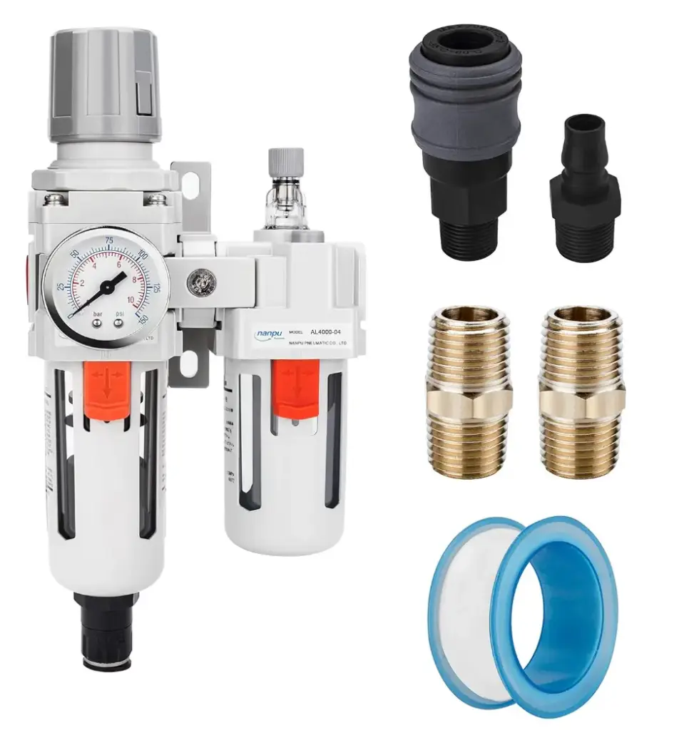 NANPU 1/2" NPT Auto-Drain Air Filter Regulator Lubricator Combo (FRL) Water/Oil Trap Separator - Gauge(0-150 psi), 5 Micron Brass Element, Poly Bowl, Metal Bracket