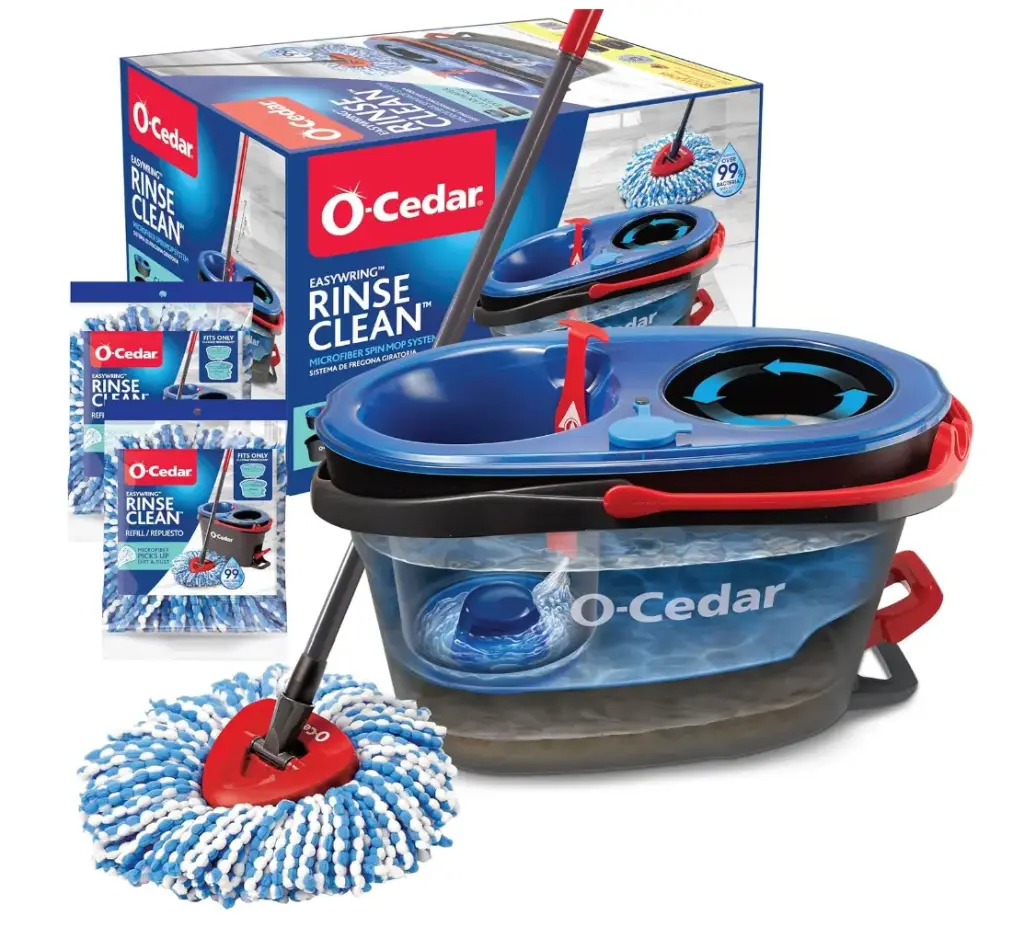 O-Cedar RinseClean Spin Mop & Bucket System + 2 Extra Mop Heads| Clean with Clean Water | Removes 99% of Bacteria