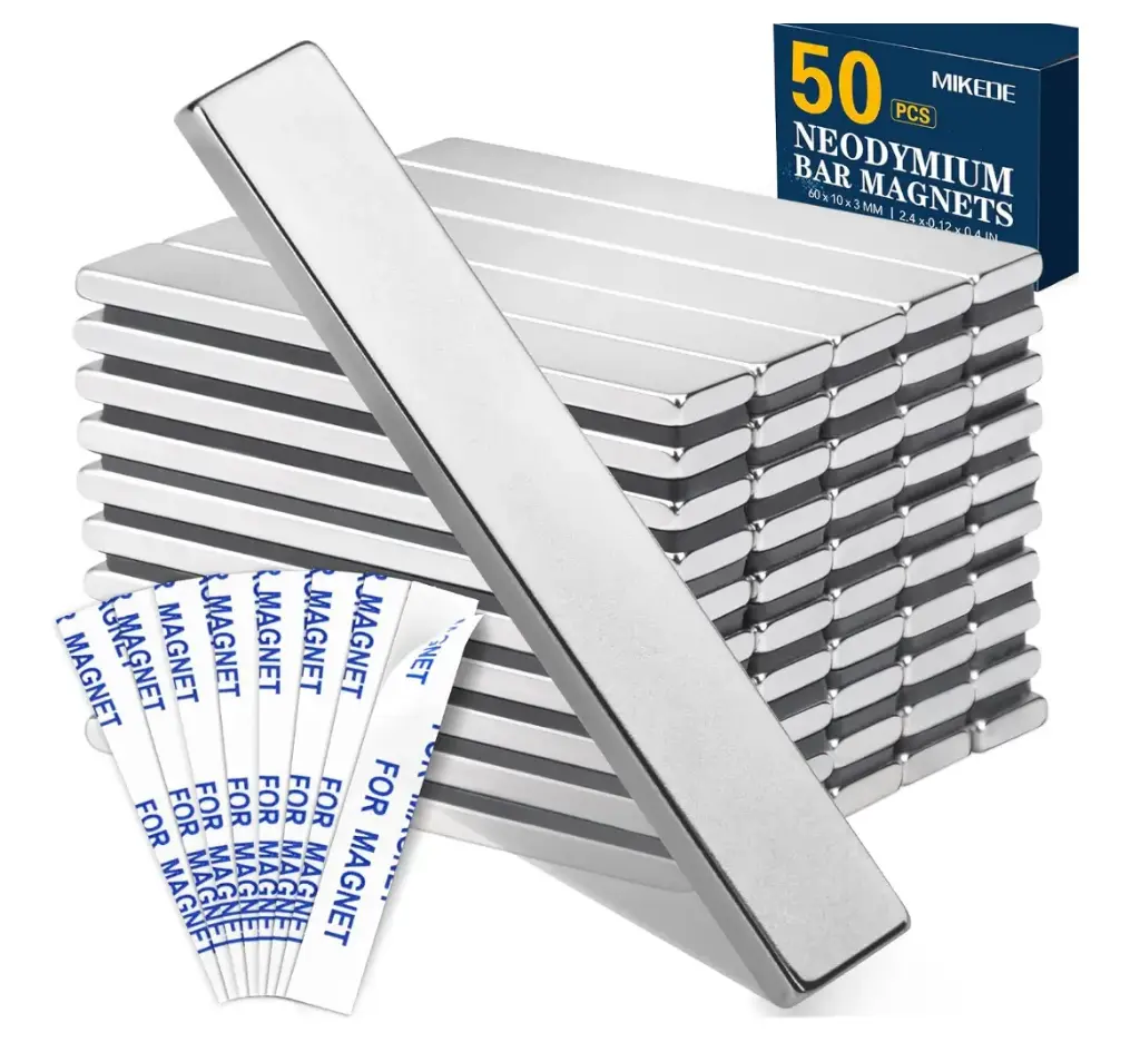 50 Pack Neodymium Bar Magnets, Super Strong Heavy Duty with Double-Sided Adhesive Powerful Rare Earth Magnet Bars for Craft, Fridge, Kitchen, Office 60x10x3mm