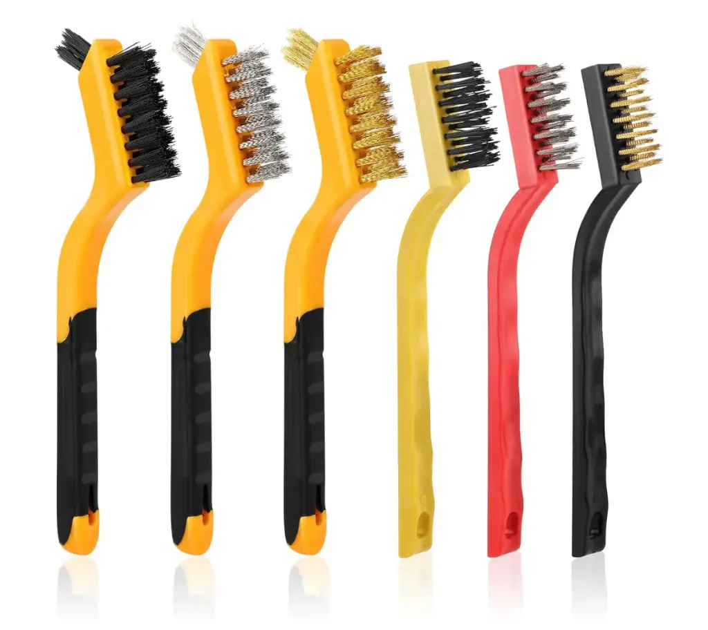 6 Pieces Wire Brushes Set, Small Metal Brass Brush, Stainless Steel Brush, Nylon Brushes for Cleaning Metal Rust and Paint Removal (Yellow+3 Mixed Color, L)