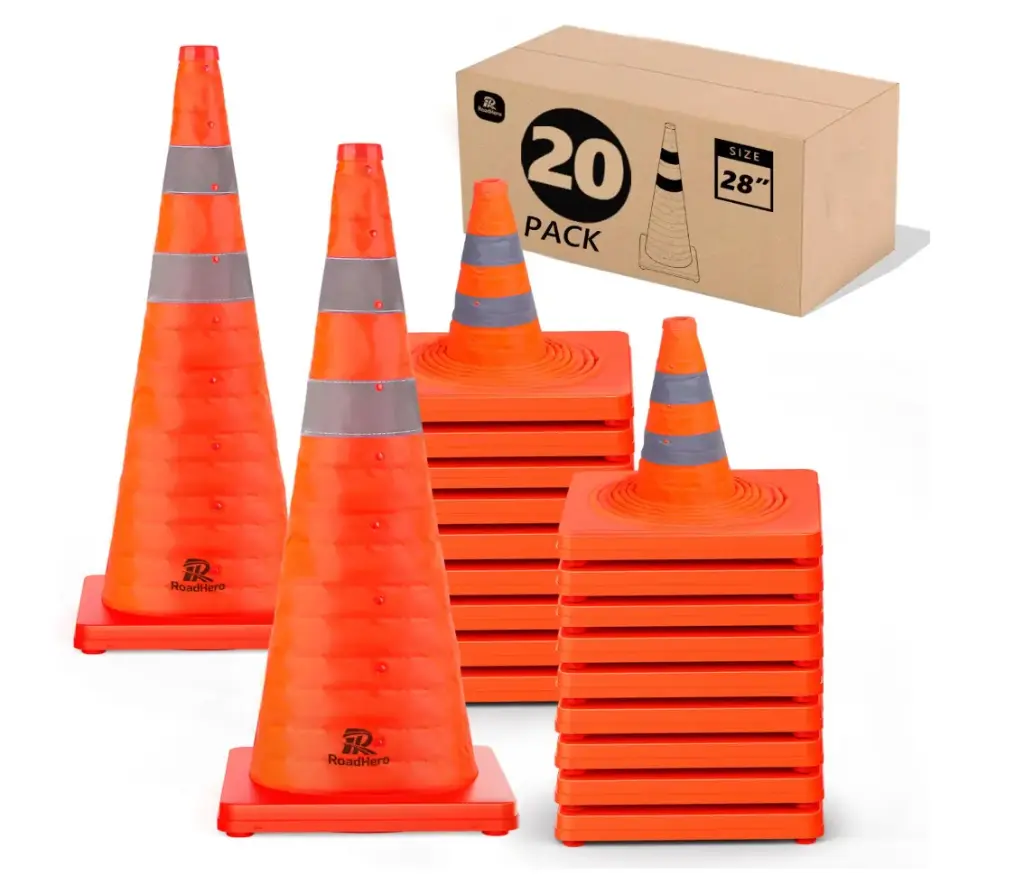 28 Inch 20 Pack Collapsible Traffic Safety Cones, Multi Purpose Pop-up Cones with Reflective Collar for Road Safety, Orange Cones for Driving Training, Parking Lots