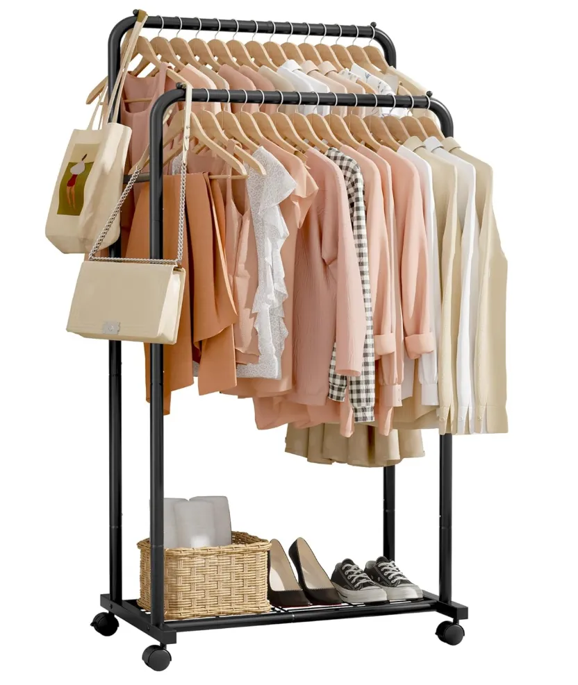 Clothes Rack - Clothing Rack with Storage Mesh Shelf & Casters, Heavy-Duty Metal Clothing Rack for Hanging Clothes, Dresses, Coats, Large Load Capacity, Easy Assembly, Black, 28.0"x16.0"x59.0"